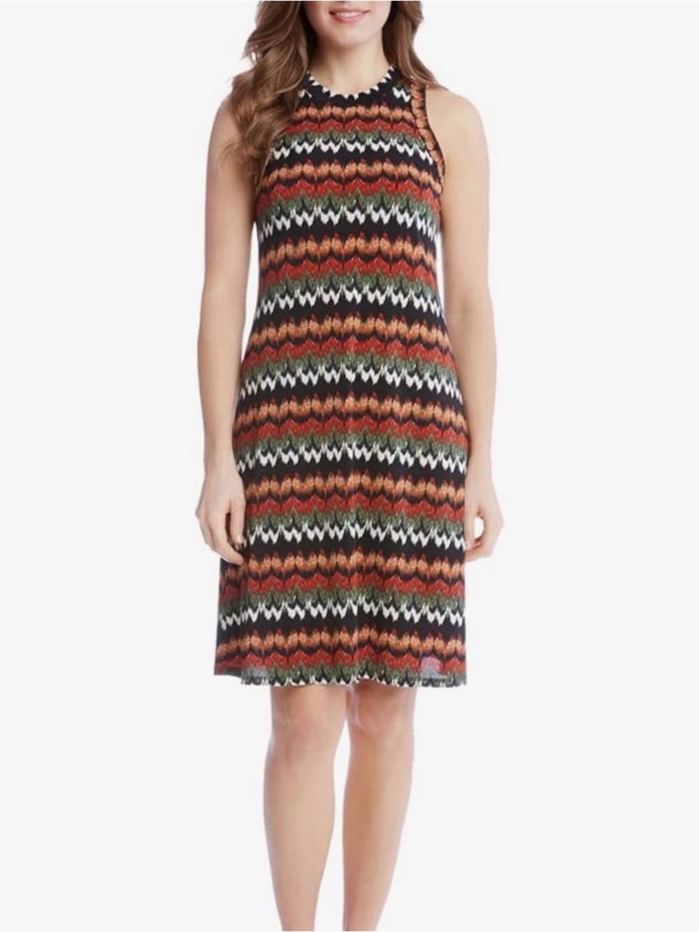 Karen Kane Sleeveless Chevron Shift Dress in Black & Autumn Stripe